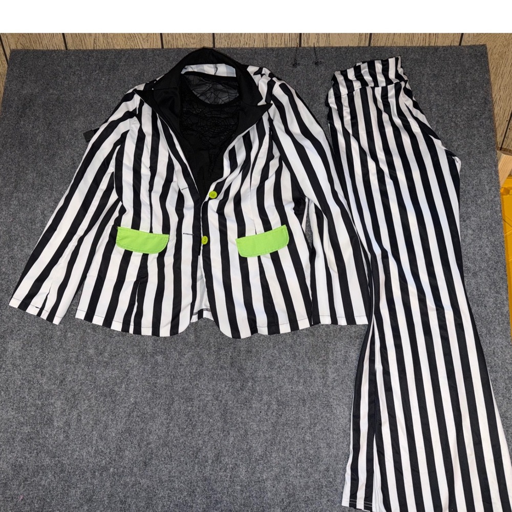Beetlejuice Costume Women Large Striped Blazer Pants Spiderweb Top Set